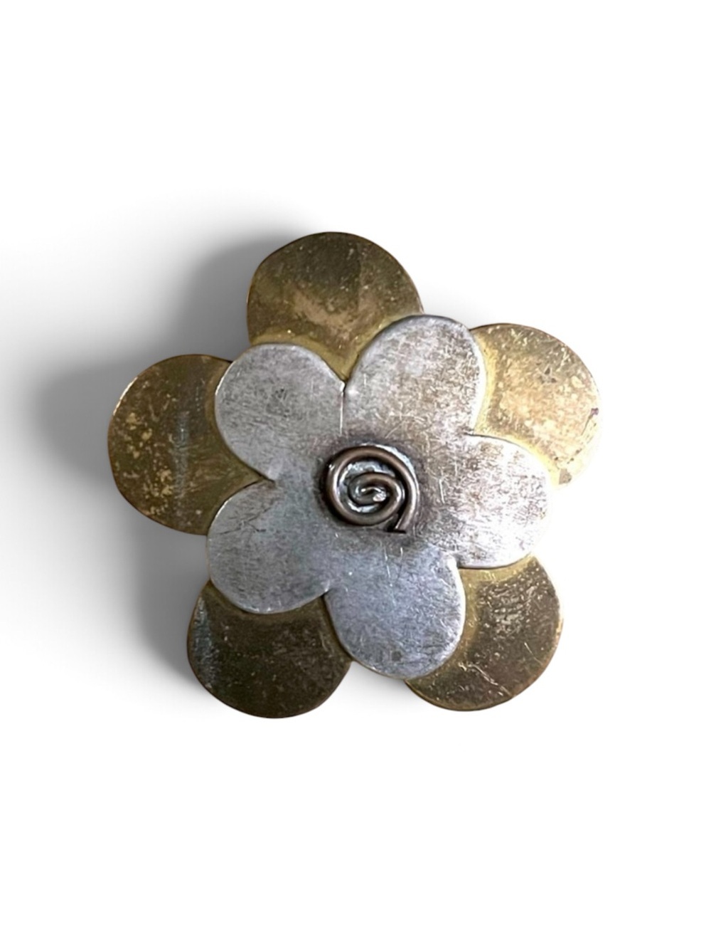 Brass Silver Flower Brooch Vintage